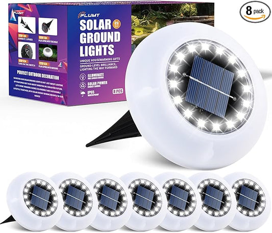 Flumy Solar Ground Lights, 8 Pack 16 LED Solar Lights Outdoor Waterproof, Solar Garden Lights for Outside Patio Pathway Yard Lawn Driveway Pathway Walkway, Outdoor Christmas Decorations(Cool White)
