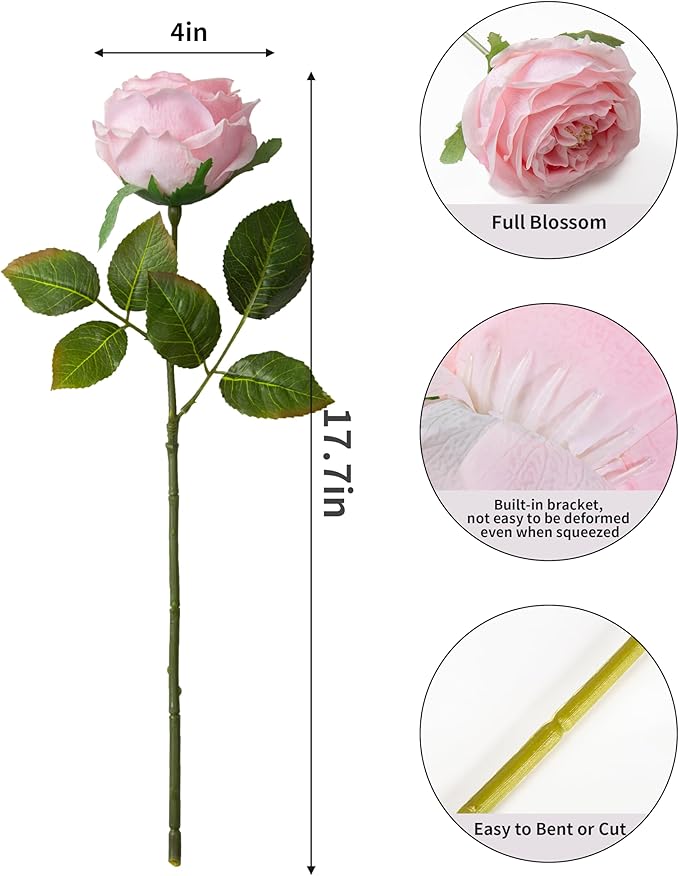 DuHouse 5Pcs Silk Roses Fake Pink Roses with Stems Real Touch Rose Artificial Flowers for Arrangement Wedding Party Home Decoration