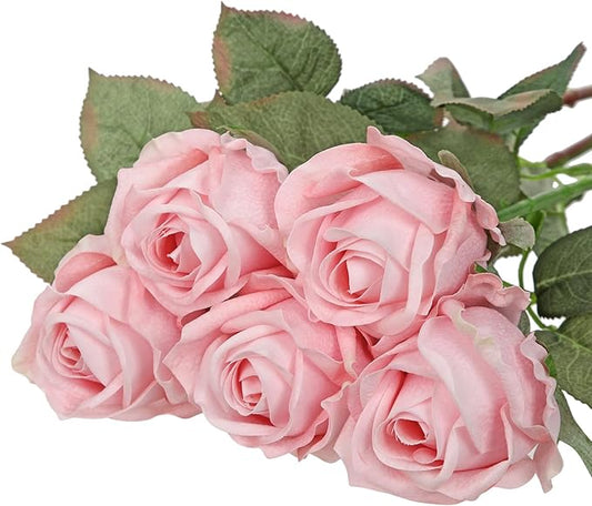 Artificial Realistic Roses Pale Pink Flowers 24" Real Touch Silk Roses Bouquet Long Stems Rose Fake Roses Decor for Home Party Wedding Table Centerpieces Roses Realistic - 5 Pcs
