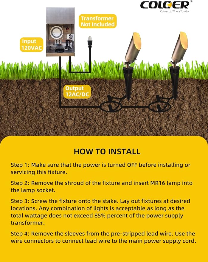 COLOER Die-cast Brass Landscape Spot Lights Outdoor with 5W Aluminum Housing LED MR16 Bulb 2700K 450LM, 12V AC/DC Low Voltage LED Landscape Lighting, Outdoor Directional Up Light(103B, 1-Pack)