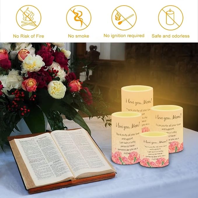 Mother's Day Flameless LED Battery Candles 4PCS Pillar Candles with 18-Key Timer Remote Colorful Light for Party Ornaments, I Love You Mom, Letter to Mother with Rose Print Candles Decor