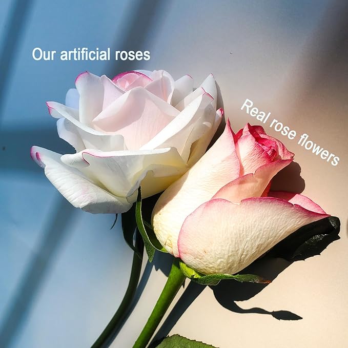 Artificial flower real touch roses feel and look realistic fake roses with short stems, suitable for gift, for wife girlfriend mom friends, Indoor home table，cake, hotel, car decoration (orange pink)