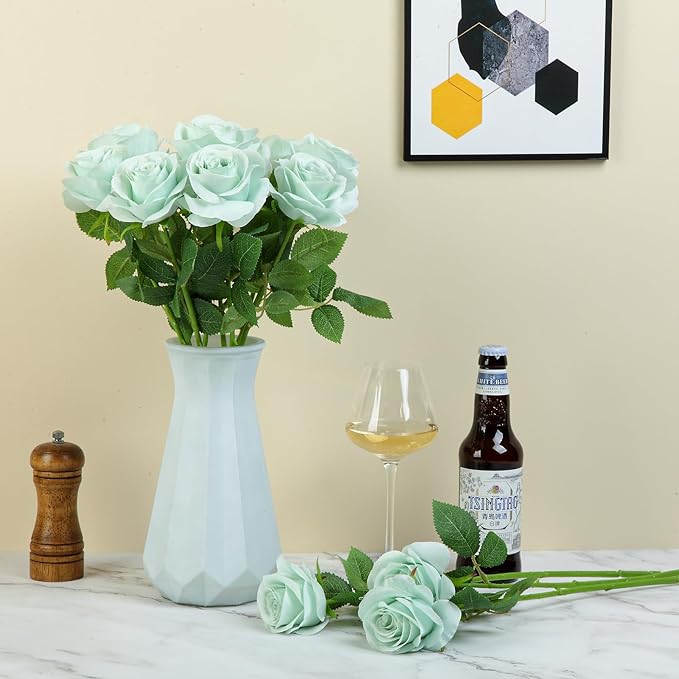 12pcs Roses Artificial Flowers Fake Roses Sage Green Silk Roses White Silk Flowers Rose with Long Stems for Wedding Home Party Centerpieces Decorations