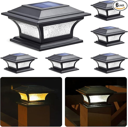 SIEDiNLAR Solar Post Cap Lights Outdoor Glass LED Fence Deck Light 2 Modes for 4x4 5x5 6x6 Wooden Vinyl Posts Patio Garden Decoration Warm White/Cool White Lighting Black (6 Pack)