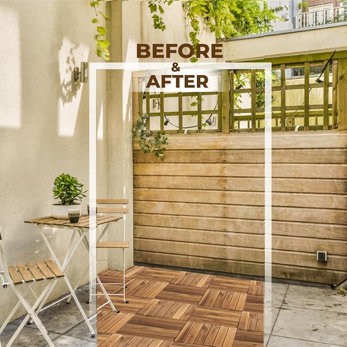 Pack of 10 Deck Tiles - 12"x12" Interlocking Natural Solid Acacia Wood for Outdoor & Indoor, Patio Garden, Balcony, Poolside - Natural6 Color