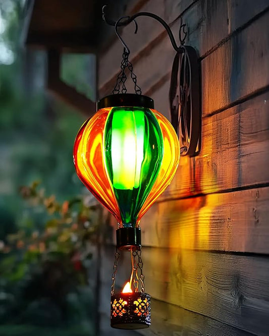 Hot Air Balloon Solar Lantern with Flickering Flame Christmas Gifts for Women Grandma Mom Outdoor Hanging Light Solar Decorative Air Balloon Lamp for Garden Patio Yard and Home (Blue & Yellow)