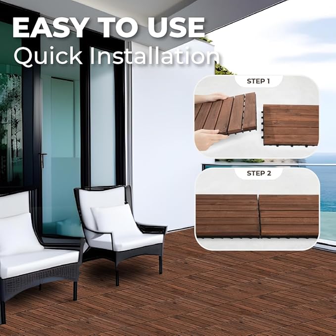 Pack of 10 Deck Tiles - 12"x12" Interlocking Natural Solid Acacia Wood for Outdoor & Indoor, Patio Garden, Balcony, Poolside - Brown Color