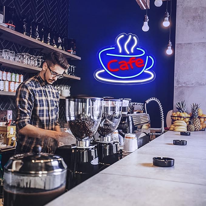 Cafe Neon Sign for Coffee Bar Pub Decor,Blue Wall Art Decoration For Restaurant Living room,Led Light of Cafe,USB Power Supply With Metal Chain.