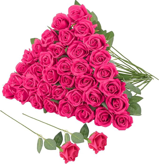 36 Pcs Hot Pink Artificial Roses with Long Stems, Fake Silk Rose Artificial Flowers Bulk for Bridal Wedding Bouquet Centerpiece Ball Arrangement Party Decor