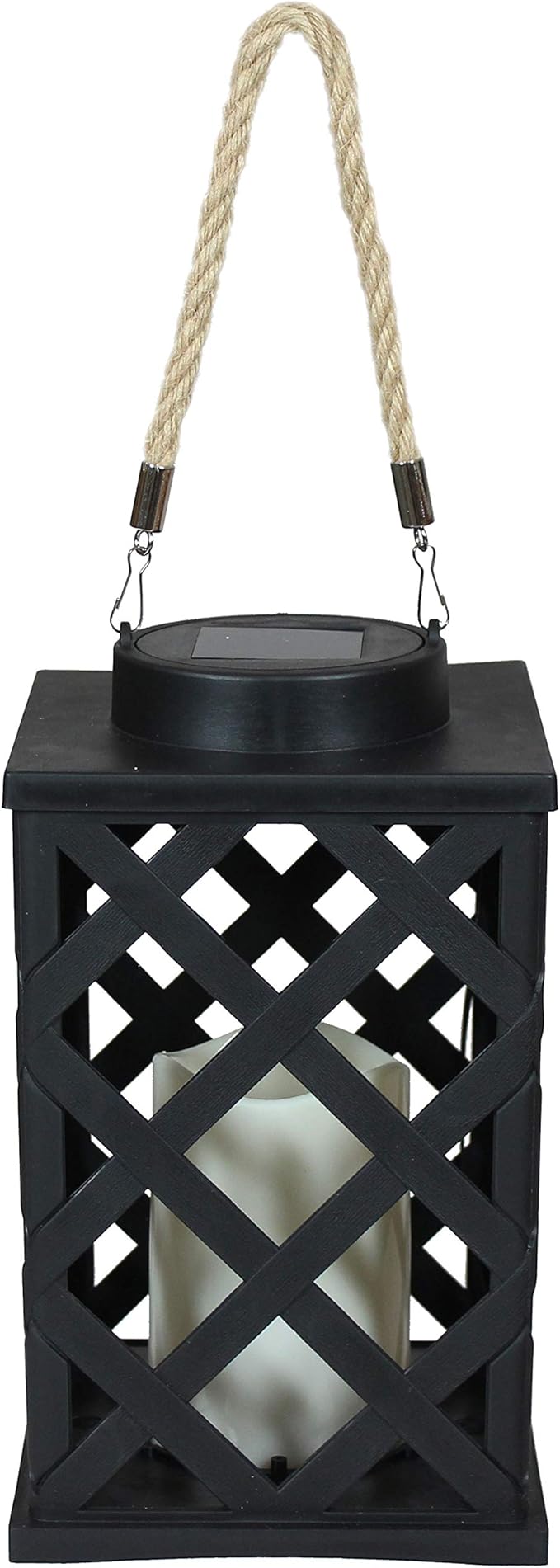 Sunnydaze Modern Crosshatch 9-Inch Solar LED Decorative Candle Lantern - Tabletop/Hanging Light - Set of 2 - Black