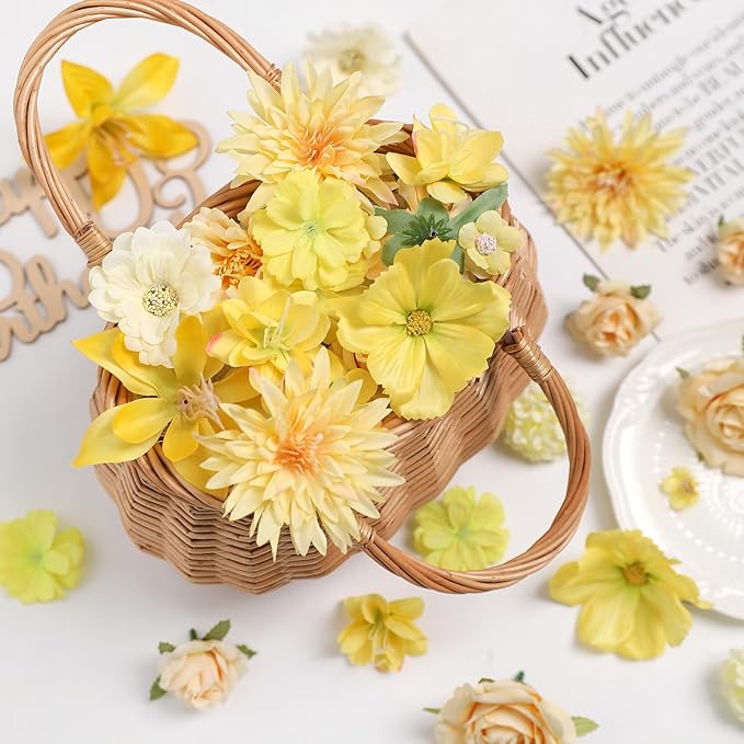 YYHUAWU Fake Flower Heads Mini Yellow Artificial Flower Faux Dahlia Rose Flowers Multicolor Silk Daisy Flower Heads for Craft Garland Wedding Bridal Baby Shower Home Party Decoration DIY Cake Decor