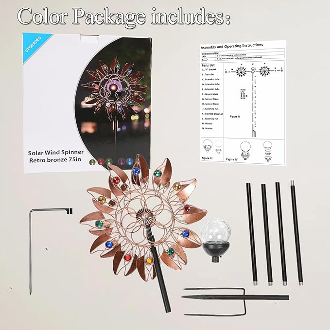 Solar Wind Spinner Multi-Color LED Lighting by Solar Powered Glass Ball with Kinetic Wind Aculptures Dual Direction Decorative Lawn Ornament Wind Mill