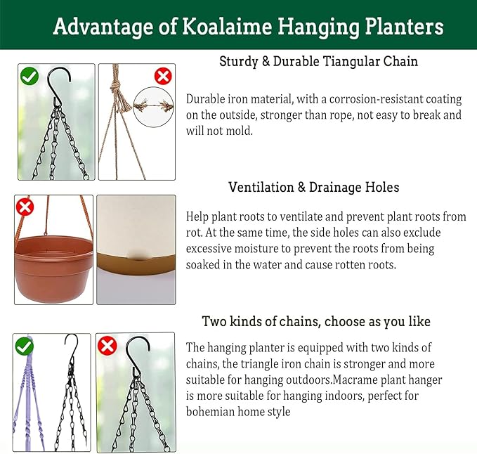 2 Pack Hanging Planters Set,10 Inch Indoor Outdoor Hanging Plant Pot Basket,Hanging Flower Pot with Drainage Hole with 3 Hooks for Garden Home(Purple Hanger White Planters)
