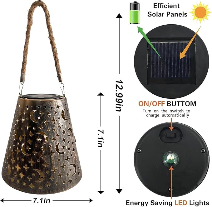 Hanging Solar Lanterns Outdoor Waterproof Star Moon Solar Lights Metal Outdoor Decor, LED Decorative Solar Garden Lights for Garden, Backyard, Tree, Porch(1 Pack)