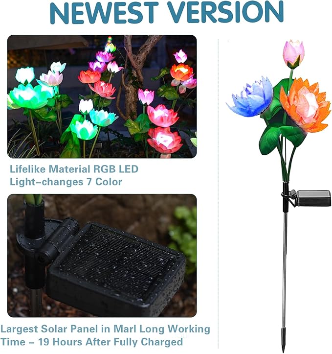 Solar Garden Lights - Solar Flower Lights, 7-Color Changing Lotus Lights for Yard, Garden Decoration, Bigger Solar Panel & Realistic Lotus Flowers (4 Pack)