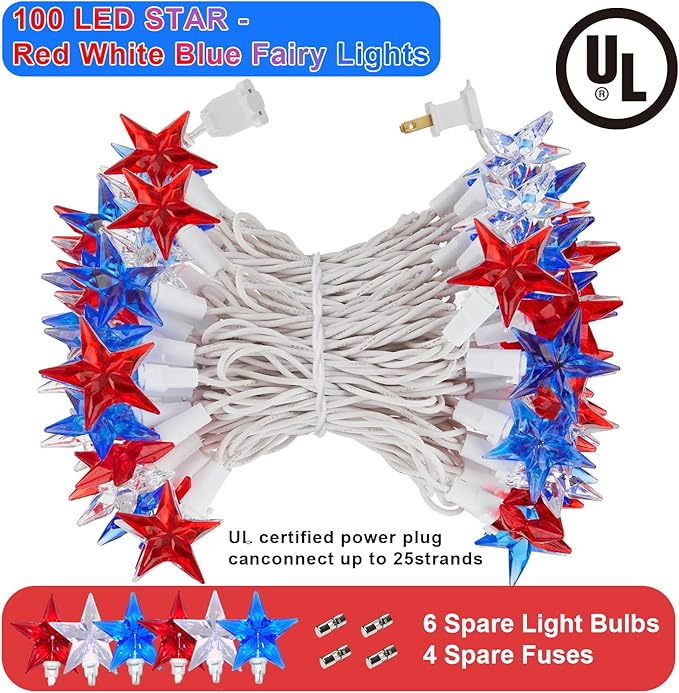 100 LED Red White and Blue Star Lights, 37FT 4th of July Star String Lights Plug in for Home Patio Garden Yard Memorial Day Independence Day Patriotic Decorations Outdoor, White Wire