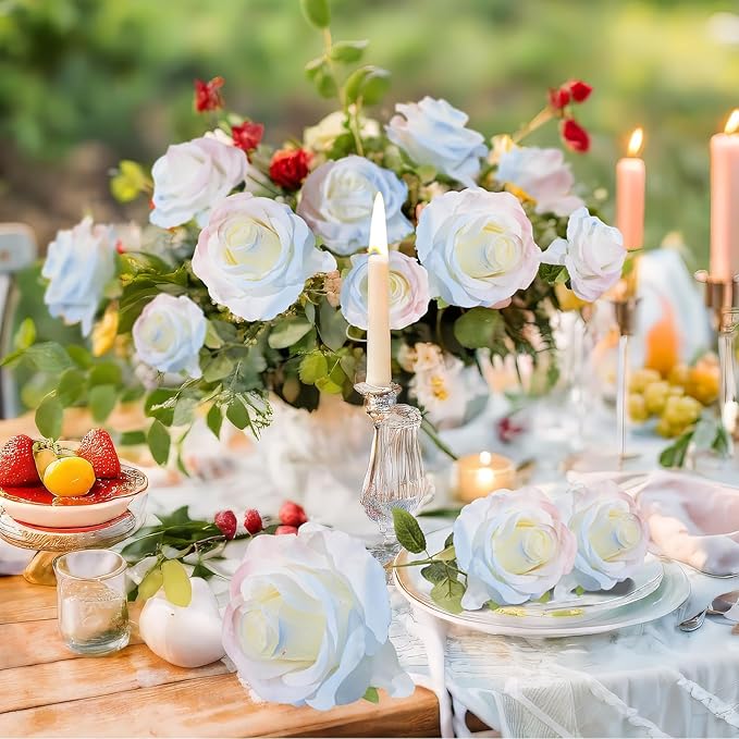 Pink Blue Mix Artificial Roses Fake Flowers Not Bend The Peduncle with Stems for DIY Wedding Bouquets Bridal Shower Centerpieces Arrangements Tables Decorations 24pcs