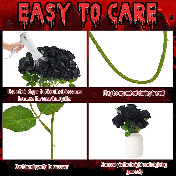 36 Pcs Silk Black Rose Bouquet Bridal Artificial Flowers,Fake Rose Long Stem Realistic Artificial Flowers Bulk for Wedding Bouquet Ball Arrangement Centerpiece Party Decor