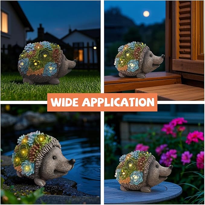 Outdoor Solar Garden Hedgehog Statue Decorative Lawn Statue with Succulents and 7 LED Lights for Garden, Outdoor Patio and Terrace, Birthday Gift for Women, Unique