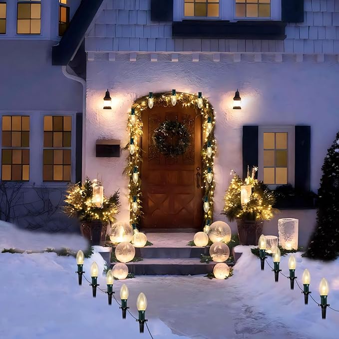 38Ft Christmas Pathway String Lights Outdoor with C9 25 Clear Christmas Pathway Marker Stakes Lights, Extendable C9 Outdoor Walkway Lights for Outside Xmas Party Holiday Backyard Commercial Decor