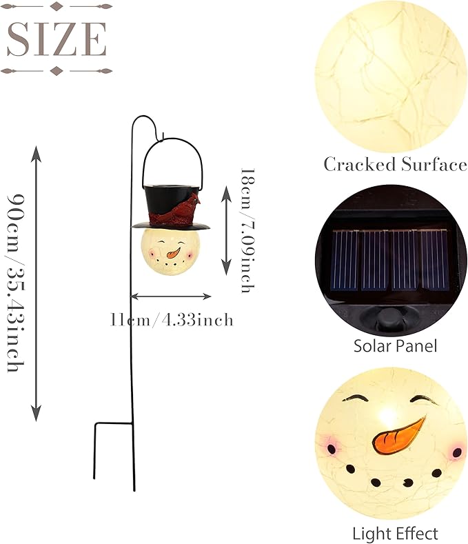 TERESA'S COLLECTIONS Outdoor Christmas Decorations for House, 36'' Snowman Glass Solar Lantern Stake with Black Cardinal Hat, Xmas Solar Christmas Lights for Garden Party Decor