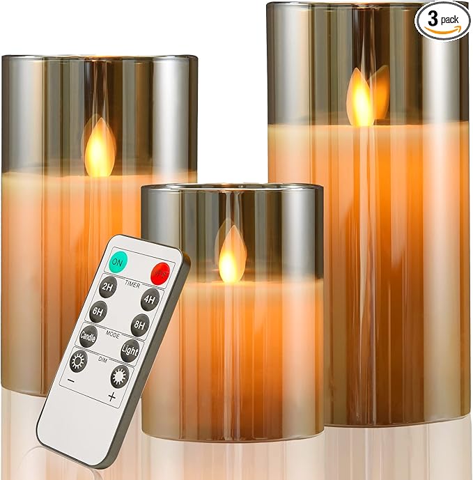 JOSU Flameless Candles 4" 5" 6" Set of 3 Outdoor Indoor Fake Pillars Gold Glass LED Battery Operated Candles Include 10-Key Remote Timer for Wedding Party Halloween Christmas Thanksgiving Fall Diwali