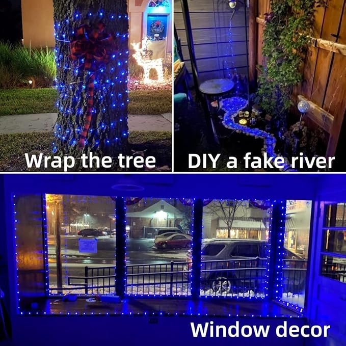 YEGUO 4 Pack Blue Solar Fairy Lights Outdoor Waterproof, Each 100 LED 33ft String Lights, 8 Modes Twinkle Lights