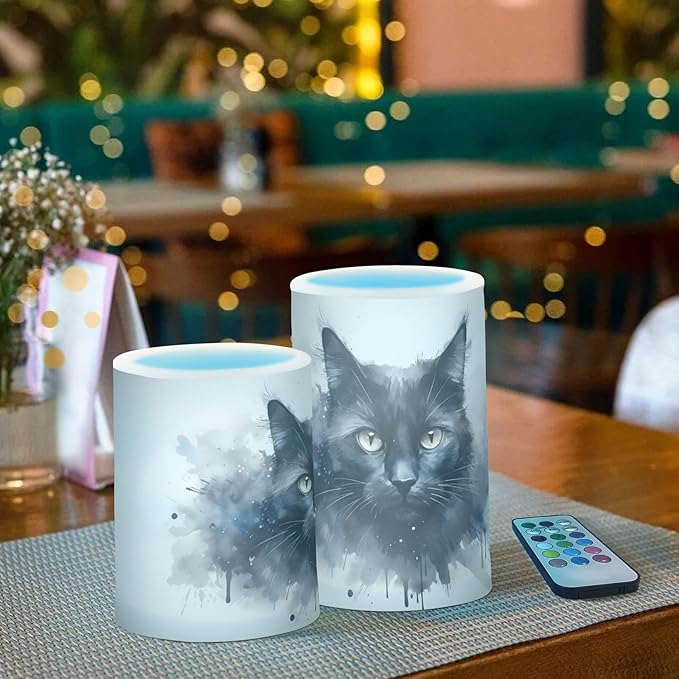 Flickering Flameless Candles, Black Cat Print LED Candles with Remote Timer, Set of 2 Battery Operated Candle for Valentine Wedding Birthday