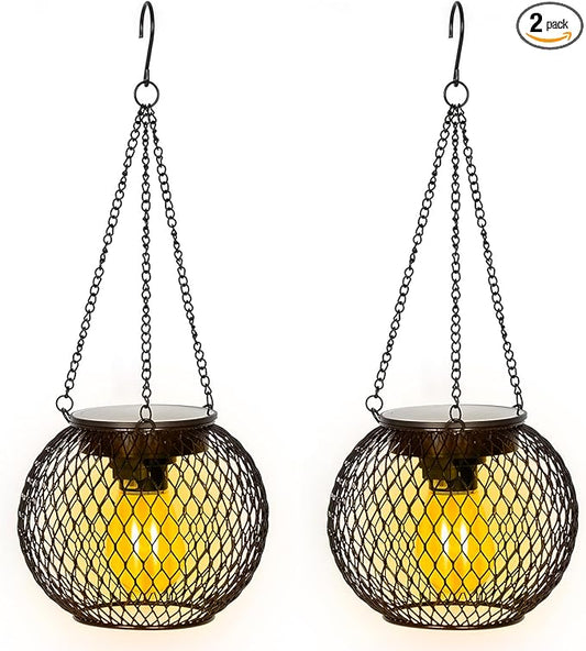 Solar Lanterns Outdoor, 2 Pack Brighter Metal Solar Hanging Lanterns, IP65 Waterproof Solar Lights Outdoor, Gardening Gifts & Decor for Garden Yard Patio Pathway