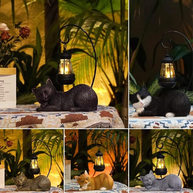 Solar Garden Statue Cat Figurine with Solar Light- Cat Statues Garden Art with Solar Lantern, Loving Cat for Patio,Balcony,Yard, Lawn, Porch-Unique Housewarming Gift for Garden Mom Grandma