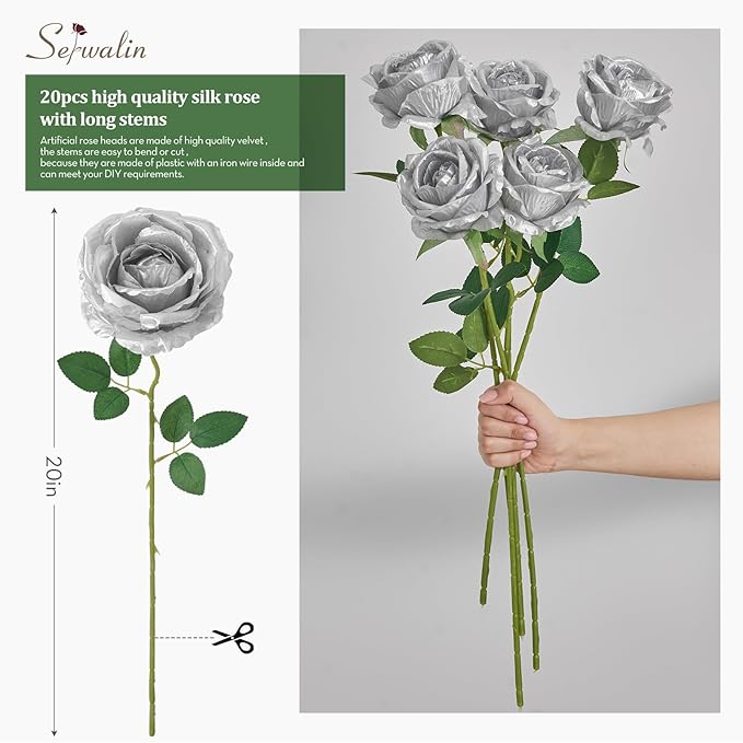 Serwalin 20pcs Artificial Silver Roses, 4'' Big Flower Head, Fake Roses Real Touch, Silk Roses Long Stems Realistic Bouquet for Wedding Parties Table Centerpiece and Home Decor
