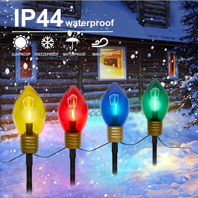 Jumbo C9 Christmas Pathway Lights Outdoor, 2 Pack 7Ft Christmas Decorations Lights with 8 LED Jumbo Multicolor Bulb and Pathway Marker Stakes Lights for Outdoor Christmas Walkway Lawn Yard Garden