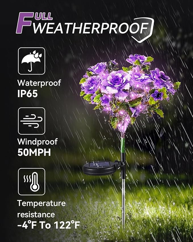 Neporal Solar Flowers Outdoor Waterproof IP65, 7-Stems Purple Carnation Solar Lights Outdoor Garden Decorative, Bigger Panel for Outdoor Garden, Yard, Patio, Outdoor Decoration, 6PK