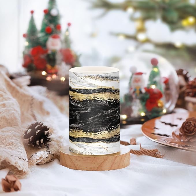 Flickering Flameless Candles, Black White Marble Gold Veins LED Candles with Remote Timer, Set of 2 Battery Operated Candle for Valentine Wedding Birthday