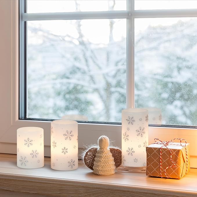 KunSween Christmas Flameless Candles with Timer, 3 Pack LED Pillar Candles with Silver Snowflake Decals and Real Wax, Christmas Winter Decorations for Home Indoor Table Centerpieces