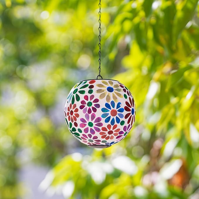 Colorful Solar Hanging Lanterns Glass Mosaic Gazing Ball Globe Hanging Lantern Lights Outdoor Waterproof for Patio Garden Yard Home Decor (Flowers)