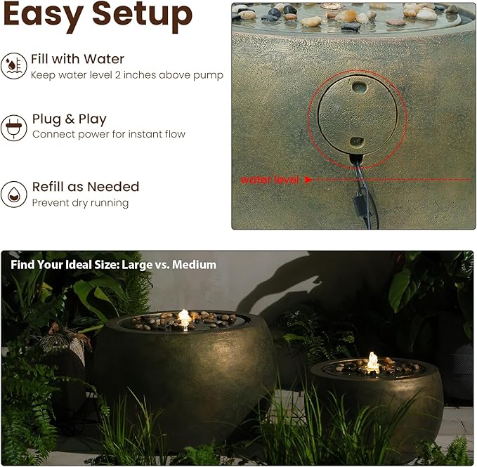 Garden Water Fountain Outdoor Bubbler Water Feature Indoor with Lights & Pump and Pebbles Waterfall Fountains Concrete Effect for Patio Deck Yard Home Decor Gold, 18 "L x 18" W x 11.5" H