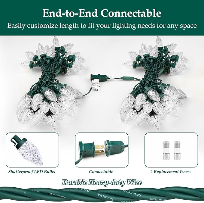 C9 LED Christmas Lights, 34FT 50 Bulbs Outdoor Christmas Decorations for House Waterproof String Lights Extendable Green Wire Fairy Lights for Patio Xmas Garden Party Wedding Holiday Indoor Pure White