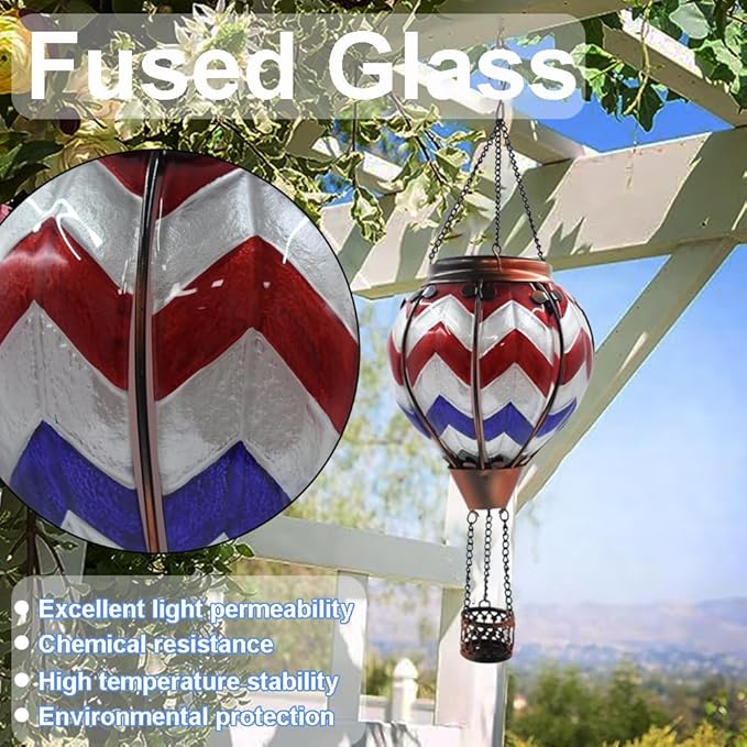 Hot Air Balloon Solar Lantern with Flickering Flame, Glass Hanging Garden Lights Outdoor Waterproof for Tree Yard Patio Mother's Day Gift, 18" H Wavy-Blue Red White