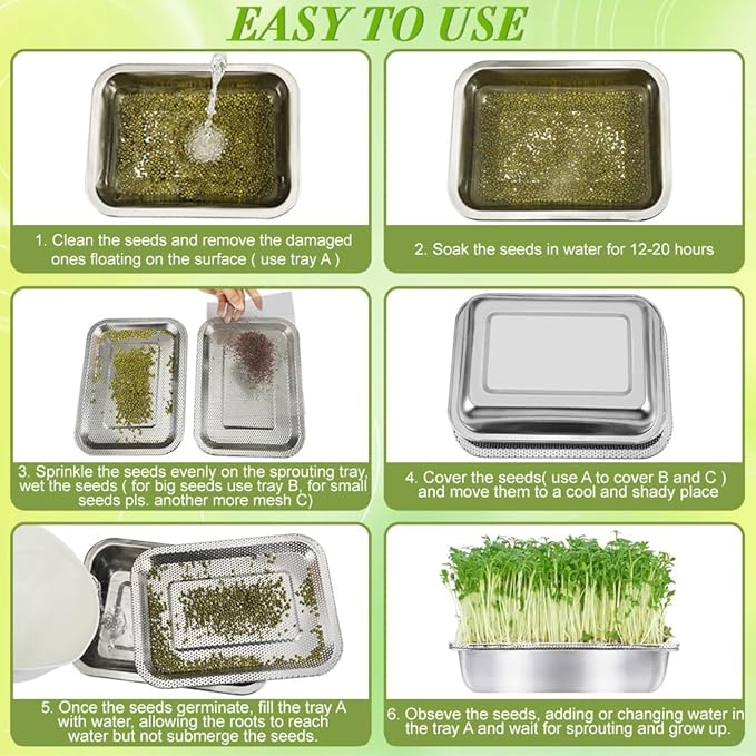Picowe Stainless Steel Sprouting Trays Seed Sprouting Kit with Stainless Steel Mesh Tray Seed Starter Tray Seed Sprouting Kit (3pack, 10.4 x 7.7inch)