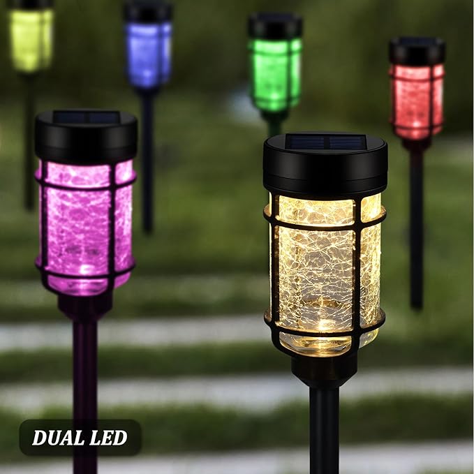 Solar Pathway Lights 8 Pack, Color Changing+Warm White LED Solar Lights Outdoor, Waterproof Solar Crackle Glass Stake Lights for Garden Path Walkway Backyard Lawn Landscape Decoration