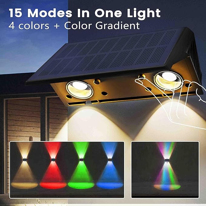Fence Lights Solar Powered, 4-Pack Solar Fence Lights Up/Down Flexible Buttons, IP67 Waterproof for Outdoor, 120LM Bright, Auto Dusk to Dawn for Wall/Stairs/Yard/Railing/Deck/Pathway (White & RGB)