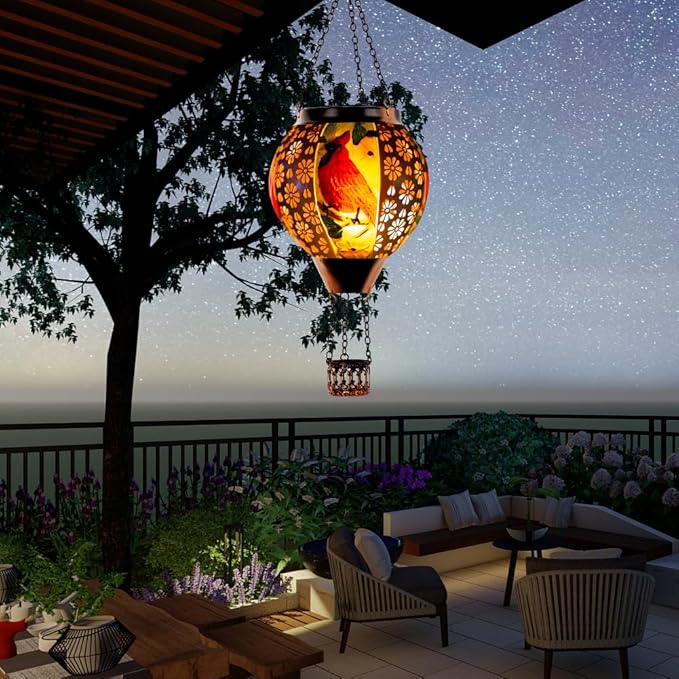 DREAMSOUL Cardinal Hot Air Balloon Solar Lantern, Metal Solar Lantern with Flickering Flame, Solar Lanterns Outdoor Waterproof for Lawn Patio Decor Christmas Gifts