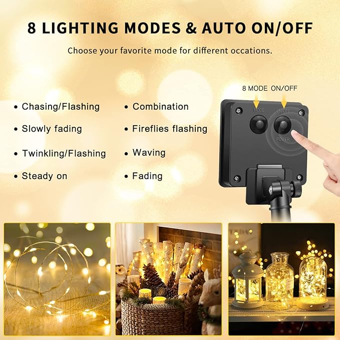 JMEXSUSS 4 Pack 100 LED Solar Fairy Lights, 33ft Warm White Solar String Lights Outdoor Waterproof, 8 Modes Copper Wire Solar Twinkle Lights for Garden Yard Tree Wedding