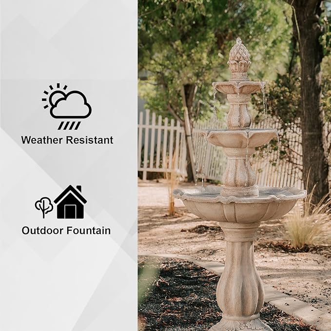 XBrand 3-Tier Freestanding Waterfall Fountain w/Pump & Pineapple Top, 51 Inch Tall, Beige, Large Outdoor Garden Fountain, Ideal for Garden, Porch, and Lawn