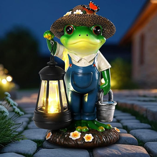 Solar Garden Decor - Frog Statues with Lantern 9" Resin Solar Frogs for Outdoors Patio Yard Porch Lawn Balcony Decor Ideas Animal Lover Gardening Gifts for Women Mom Wife