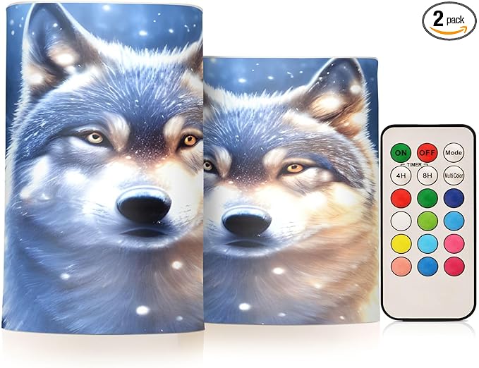 Flickering Flameless Candles, Wolf Snowy LED Candles with Remote Timer, Set of 2 Battery Operated Candle for Valentine Wedding Birthday