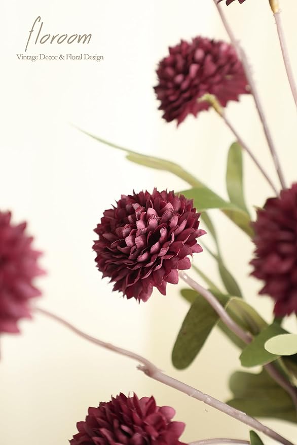 Floroom 5pcs Burgundy Faux Silk Mums Artificial Flowers, Bulk Fake Small Mini Chrysanthemums with Stems for DIY Wedding Centerpieces Floral Arrangements Vase Fillers Home Decorations