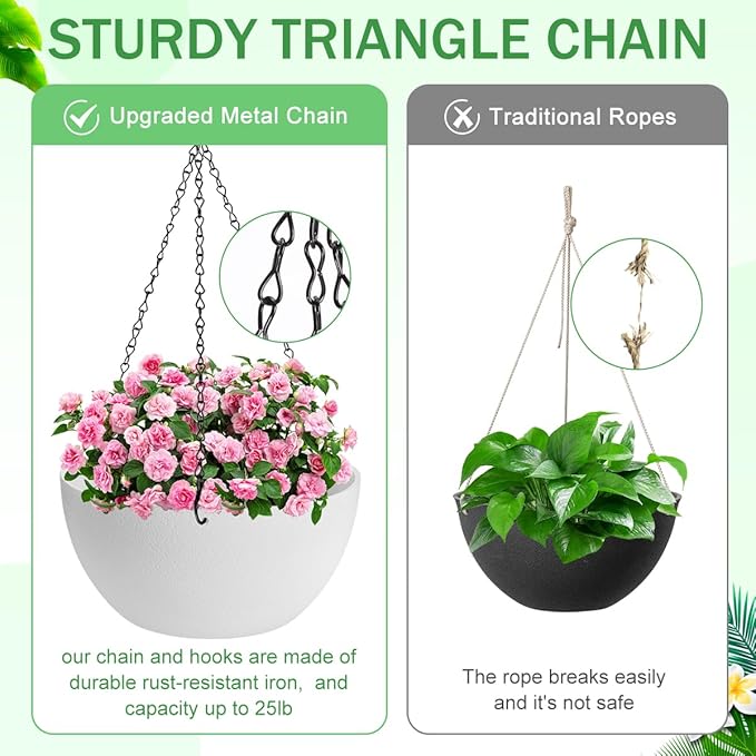 12 inch Hanging Planters for Indoor Plants, 2 Pack Planters for Outdoor Plants with Drainage Holes and Chain, Round Plastic Hanging Baskets, Hanging Flower Pots for Balcony Garden Decor-White