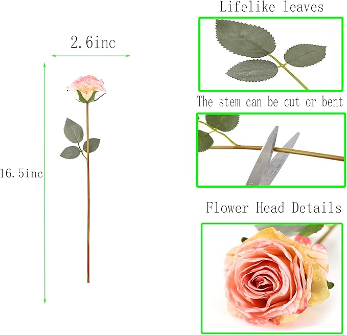 Kimura's Cabin 12pcs Pink Lifelike Artificial Roses Flowers with Stem Faux Silk Rose Bouquet Dried Roses Fake Flowers for Valentines Day Home Centerpiece Wedding Party DIY Decoration (Light Pink)